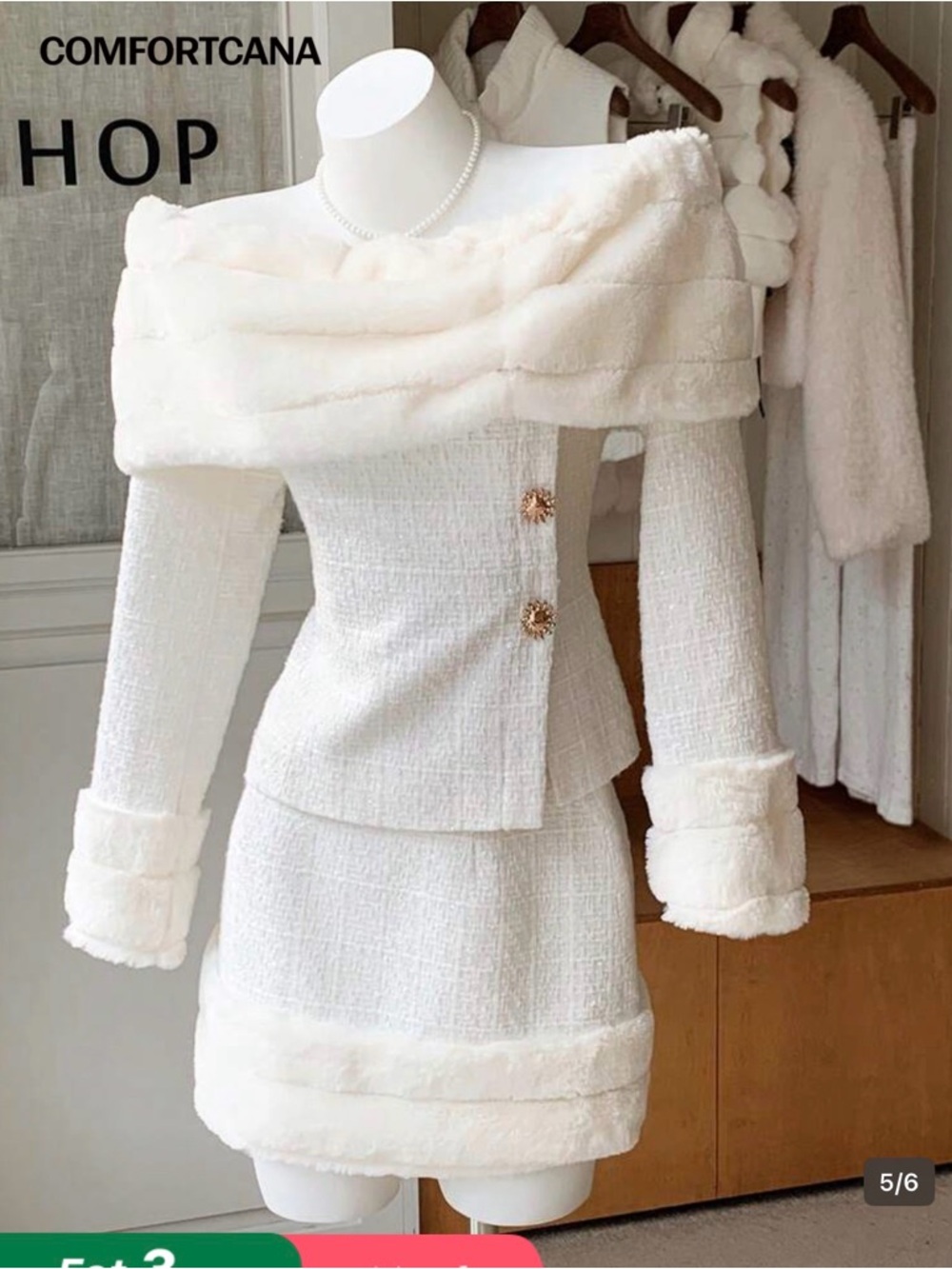 White Faux-Fur Trim Tweed Mini Skirt and matching top - Picture 5 of 6
